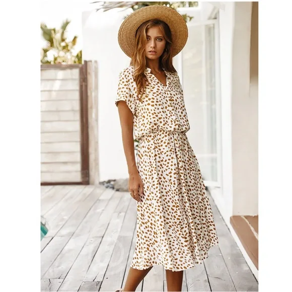 Spotted Print Drawstring Waist Shirt Dress Midi - Picture 2 of 11